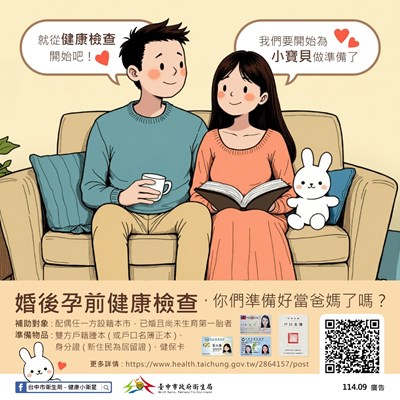114年臺中市婚後孕前健康檢查補助宣導圖卡