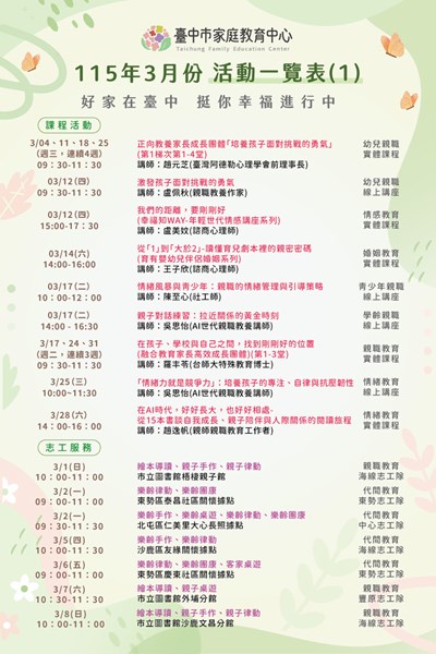 臺中市家庭教育中心3月份活動一覽表-課程活動及志工服務
