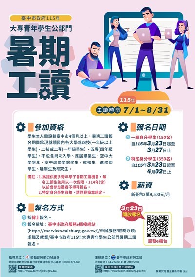 115年臺中市大專青年學生公部門暑期工讀
